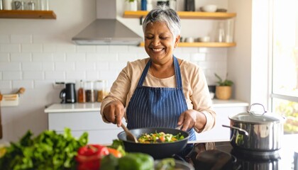 Senior woman happily cooking a colorful vegetable dish in a bright modern kitchen, enjoying her culinary experience