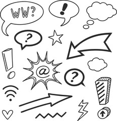 Collection of hand drawn doodle elements including speech bubbles arrows stars and a crown
