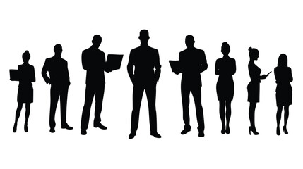 Vector silhouette of a group of business people standing, collaborating, and working with a laptop. Clean flat design, isolated on a white background. Ideal for presentations, office posters, business