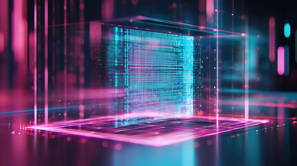 Vibrant holographic presentation system showcases dynamic data visualization futuristic setting, evoking sense of innovation