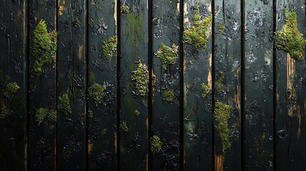 Dark wooden planks covered with moss.