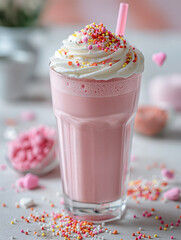 Pink milkshake with whipped cream and heart sprinkles in a tall glass

