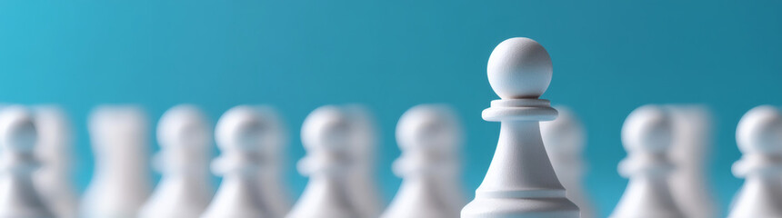 Close up portrait of white pawn chess piece standing out among blurred wooden chess pieces : Generative AI
