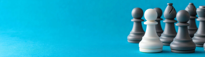 Close up portrait of white pawn chess piece standing out among blurred wooden chess pieces : Generative AI
