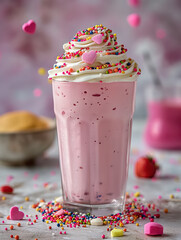 Pink milkshake with whipped cream and heart sprinkles in a tall glass

