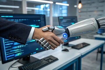 Handshake between human and robot arm over desk