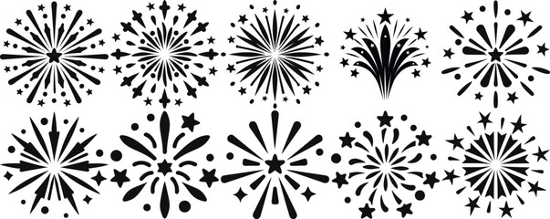 Collection of varied fireworks designs perfect for festive occasions or decorations vector silhouettes