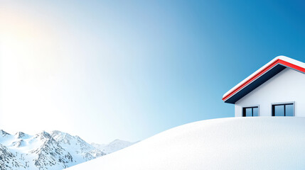Fototapeta premium Modern house on snowy hill with mountains in background, showcasing serene winter landscape