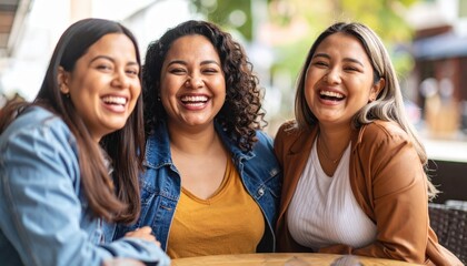 Three young women laughing and enjoying each other's company while sitting at an outdoor café table in a lively urban setting