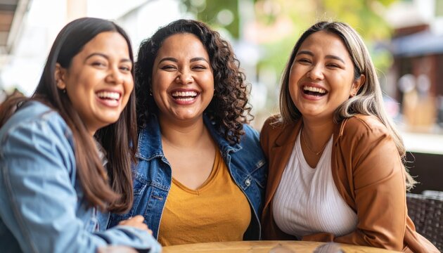 Three young women laughing and enjoying each other's company while sitting at an outdoor café table in a lively urban setting - Powered by Adobe