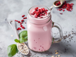 Healthy strawberry smoothie with goji berries, hemp seeds, and fresh herbs in mason jar on stone counter.

