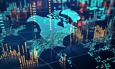 Digital world map with data visualization and analytics overlay, showcasing global connectivity trends - Powered by Adobe