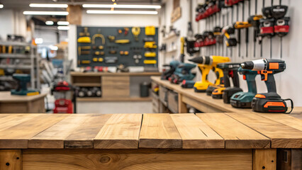 Shop for selling electric tools. Drills, screwdrivers, electric saws, grinder. Defocused, blurred image.
In the foreground is the top of a wooden table, counter. with copy space image.