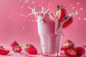 Strawberry Smoothie Splash with Fresh Berries Flying on Pink Studio Background

