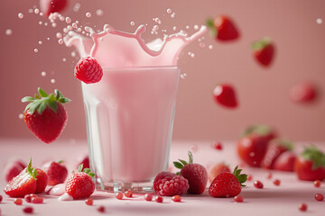 Strawberry Smoothie Splash with Fresh Berries Flying on Pink Studio Background

