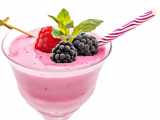 Pink Smoothie with Stripy Straw in Cocktail Glass on White Studio Background

