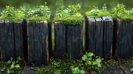 Dark wooden posts with greenery atop.