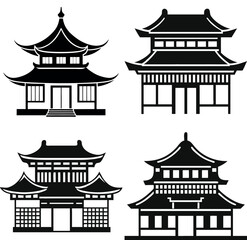 Fototapeta premium Four stylized black and white representations of traditional East Asian buildings vector silhouettes