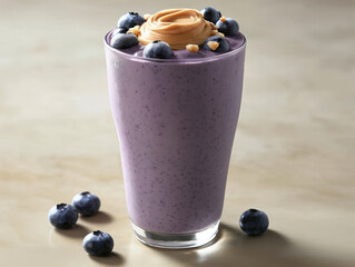 Creamy Blueberry Almond Smoothie in Clear Glass with Almond Butter and Berries

