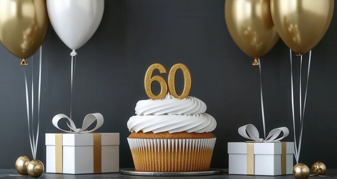 Golden Celebration with Cupcake and Balloons for 60th Birthday Party