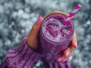 Woman’s Hand Holding Purple Cocktail with Orange Slice and Ice, Bokeh Background

