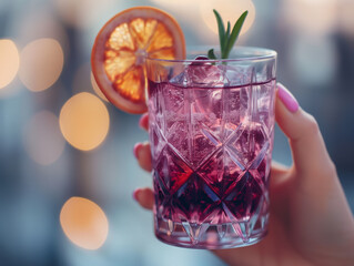 Woman’s Hand Holding Purple Cocktail with Orange Slice and Ice, Bokeh Background


