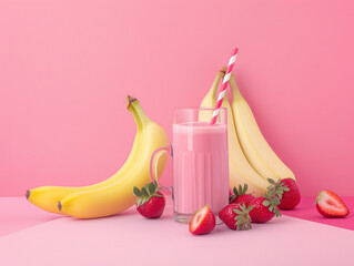 Fresh bananas, strawberries, and smoothie ingredients arranged beautifully with soft cinematic studio lighting on a neutral background.

