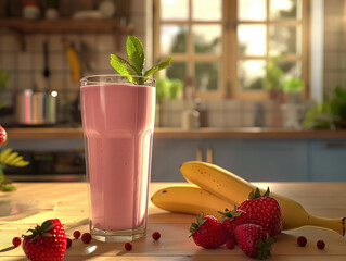 Fresh bananas, strawberries, and smoothie ingredients arranged beautifully with soft cinematic studio lighting on a neutral background.

