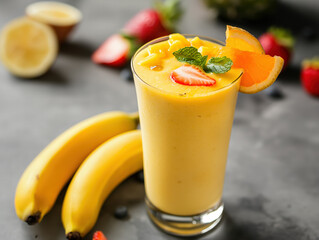 Glass of mixed berry fruit smoothie with fresh fruits on grey background