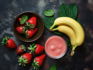Fresh bananas, strawberries, and smoothie ingredients arranged beautifully with soft cinematic studio lighting on a neutral background.

