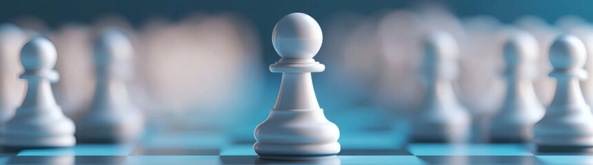 Close up portrait of white pawn chess piece standing out among blurred wooden chess pieces : Generative AI
