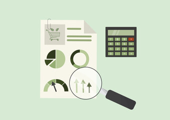 Business analytics and financial reporting concept with charts. Commerce data analysis and performance evaluation. Sustainable procurement. Flat style. Corporate business. Vector illustration