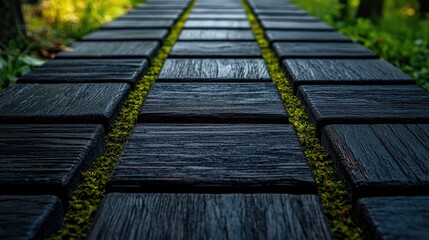 Dark paved walkway with moss between the tiles.