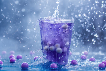 Purple bubble tea splashing with tapioca pearls on dynamic water splash background