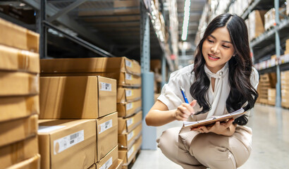 Focused on her task, young asian woman sitting and holding clipboard meticulously updates inventory records while surrounded by shelves filled with various products in a vibrant warehouse setting