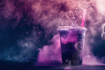 Purple bubble tea splashing with tapioca pearls on dynamic water splash background