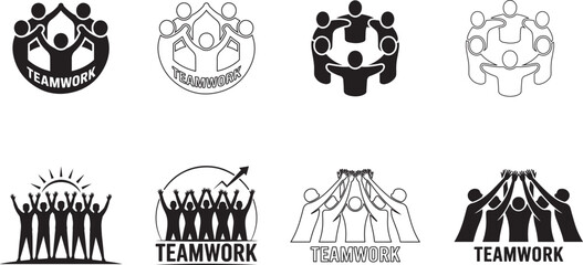 Teamwork Vector Icon Set | Black and White Collaboration Symbols on White Background