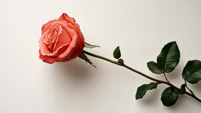 Single coral rose on white background soft floral image