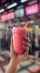 Close-up of Woman’s Hand Holding Fresh Smoothie at Modern Fitness Gym


