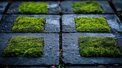 Green moss grows in square stone paving.