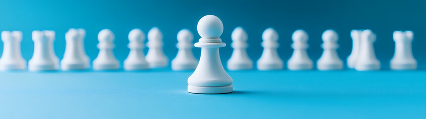 Close up portrait of white pawn chess piece standing out among blurred wooden chess pieces : Generative AI
