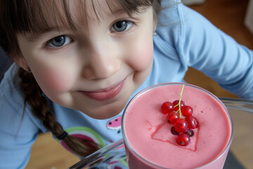 Cute little girl smiling with pink smoothie topped with fresh red currants

