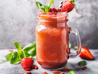 Healthy strawberry smoothie with goji berries, hemp seeds, and fresh herbs in mason jar on stone counter.

