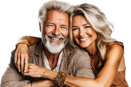 Joyful Couple with Silver Hair Embracing Each Other in Warm Atmosphere Exuding Happiness and Love for Stock Photo Featuring Close Bond and Connection - Powered by Adobe