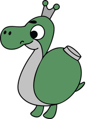 Fototapeta premium Cute cartoon green dinosaur wearing a small crown and holding a round object