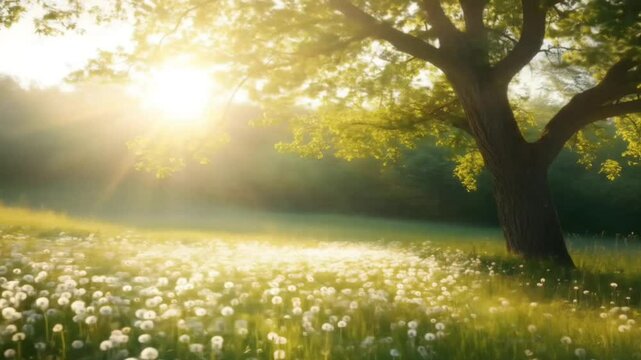 Peaceful dandelion meadow with large tree under soft morning sunlight and green foliage, seamless looping 4k time-lapse animation video background. Nature concept
