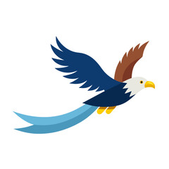 Stylized eagle in flight with blue and brown wings and tail