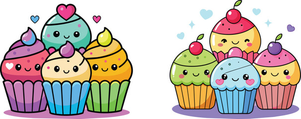 Fototapeta premium colorful cupcake cartoon character set vector illustration
