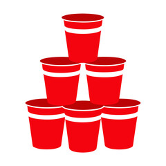 Pyramid of red plastic cups with white stripes on a white background