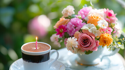 Birthday Coffee with Pastel Flowers in Soft Sunlight
